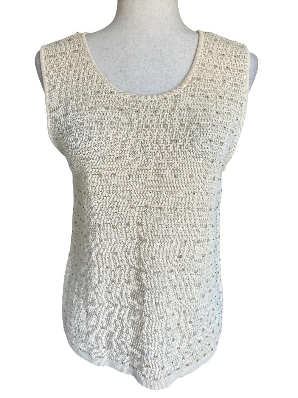 Jones New York Cream Open-Knit Scoop Neck Sleeveless Sweater